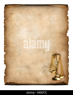Old piece of parchment with justice scales symbol in the corner Stock Photo