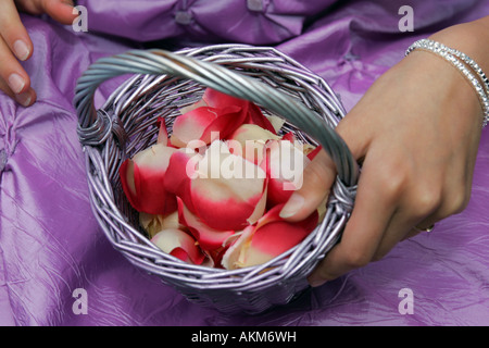 Bridemaid in a purple dress holding a bowl of petals to use as confetti at a wedding Stock Photo