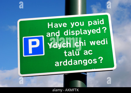 Pay and display parking sign in English and Welsh language, Wales, UK Stock Photo