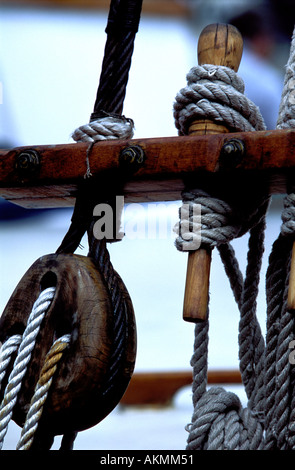 Ropes to the Mast of a Large Sailing Ship Stock Photo