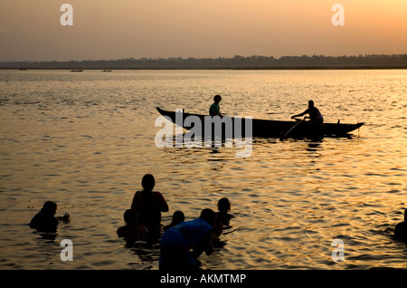 Ritual morning bath. Assi Ghat. Ganges river. Varanasi. India Stock Photo