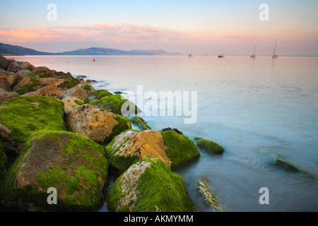 Pastel sunset over the Dorset cliffs as seen from Lyme Regis Stock Photo