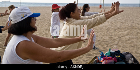 Tai chi chuan class at Copacabana beach in the morning Rio de Janeiro Brazil Stock Photo