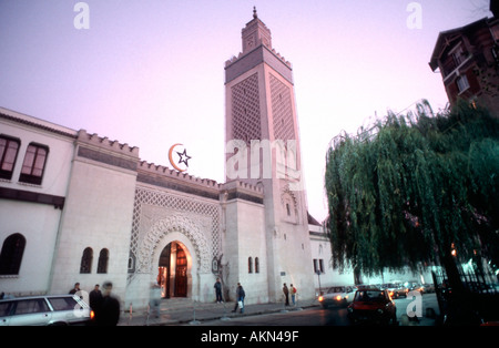 Paris France, Mosque of Paris, Lit Up, Friday night, 'LA GRANDE MOSQUÉE DE PARIS',  Monument, Place of Worship, Front Stock Photo