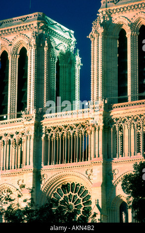 Paris France, Architectural Detail, Notre Dame Cathedral 'West Face Portals' Facade Detail Gothic Architecture 'Lit Up' at Night Towers Religion Stock Photo