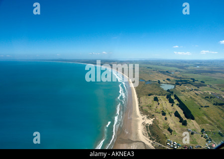 Aerial view of  Ahipara Beach from a small plane, part of Ninety Mile Beach,  Northland, North Island, New Zealand Stock Photo