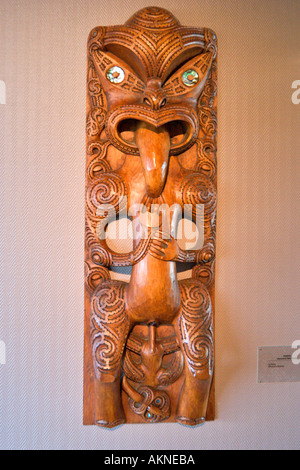 An Ancestral Wall Panel (a Poupou), Maori Arts and Crafts Institute, Whakarewarewa, Rotorua, North Island, New Zealand Stock Photo