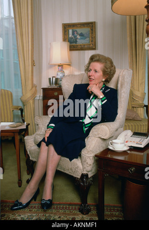 British Prime Minister Margaret Thatcher private session in living room at 10 Downing Street London United Kingdom Stock Photo