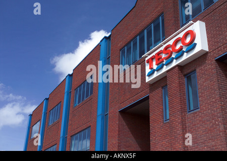 Exterior of  modern Tesco building against blue sky, Cardiff, Wales, UK Stock Photo