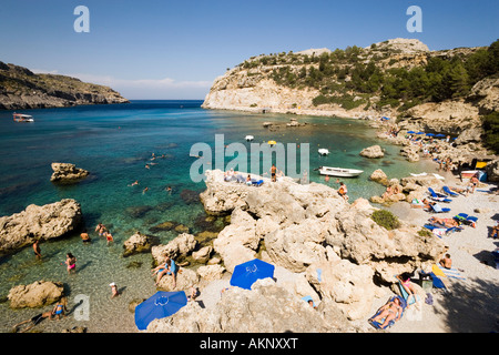 View over beach at Anthony Quinn Bay film location of the film The Guns of Navarone Falirakis Rhodes Greece Stock Photo