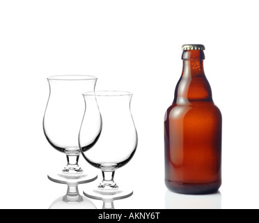 Beer glasses and a beer bottle Stock Photo