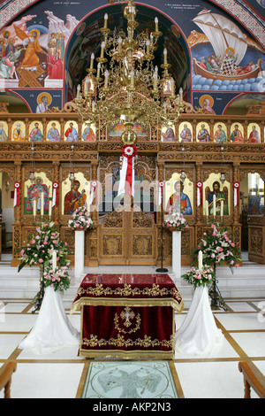 Interior image of a typical UK Greek Orthodox church wedding ceremony altar UK Stock Photo