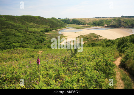 Three Cliffs Bay and the Pennard Burrows viewed from Penmaen Burrows Gower coast Wales UK Britain Europe