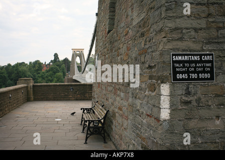 Samaritans suicide help line info on tower of the Clifton Suspension Bridge Bristol England UK Britain Europe Stock Photo