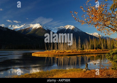 Photographer on First Vermilion Lake at sunrise in the Fall Sulphur Mountain Sanson Peak Canadian Rocky Mountains Banff National Park Alberta Canada Stock Photo