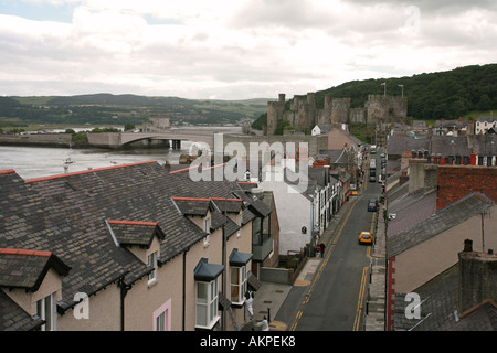 North Wales town of Conwy with famous castle in background viewed from ancient town walls Snowdonia national park UK Britain Stock Photo