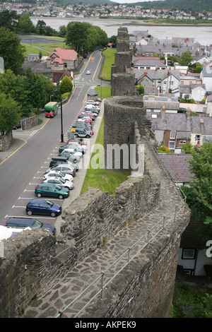 North Wales town of Conwy with famous castle in background viewed from ancient town walls Snowdonia national park UK Britain Stock Photo