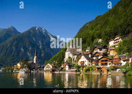 Hallstatt with Protestant Christ church and catholic parish church Lake Hallstatt Salzkammergut Upper Austria Austria Stock Photo