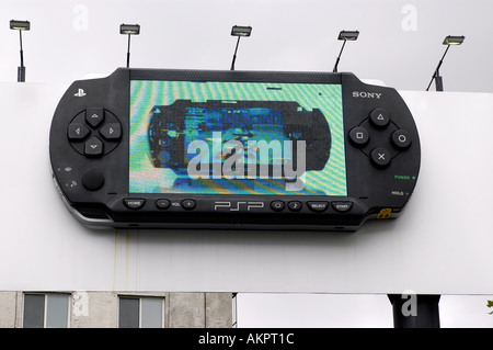 A giant billboard in Soho in New York City displays a giant Sony Playstation Portable game device  Stock Photo