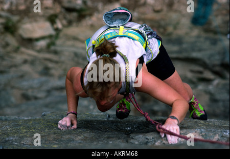 PICTURE CREDIT DOUG BLANE Woman rock climbing on a cliff in Chamonix Mont Blanc France Stock Photo