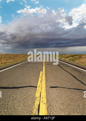 Empty two lane highway leading to desert horizon