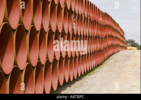 pipes at a construction site to lay a new gas pipeline from east to west coast to secure future gas supplies, Ingleton, UK Stock Photo