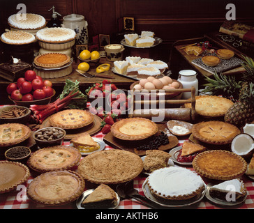 assortment pies rhubarb lemon apple peach cherry coconut strawberry chocolate cream blueberry pineapple nuts eggs milk crust Bon Stock Photo