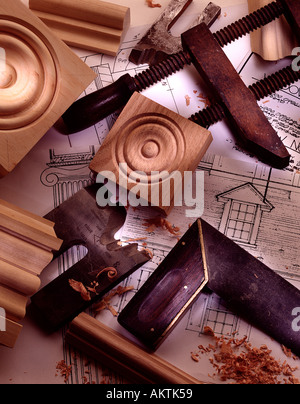 still life construction wood working tools house plans architect architecture architectural mouldings Stock Photo