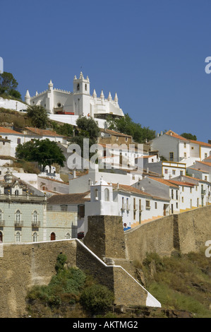 Portugal the Alentejo district, Mértola, view of mediaeval town church and clock tower Stock Photo