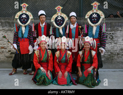 Traditional tibetan dances Their folklore and traditional dresses are wide practised among tibetan refugees in Nepal Stock Photo