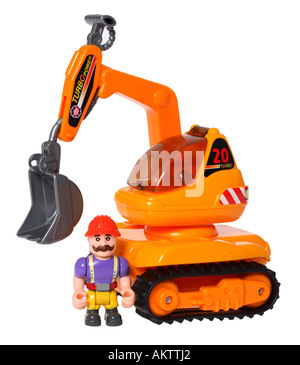 Toy Construction Worker and Backhoe Tractor Stock Photo