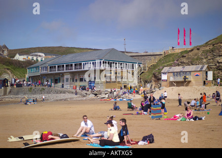 Tourists at Watergate Bay near Newquay, overlooking the beach is Jamie Oliver's restaurant Fifteen Cornwall, On The Beach Stock Photo