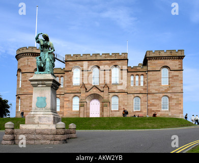 Inverness Castle south facing frontage in Inverness Scotland UKwith statue of Flora MacDonald Stock Photo