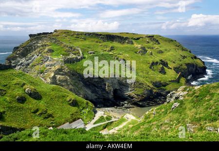 Tintagel Castle and Merlin's Cave at Tintagel Head on north Cornwall's Atlantic Coast. Stock Photo