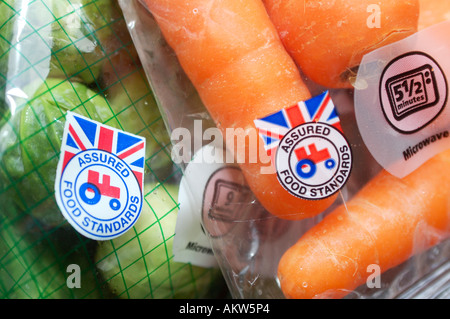 British Assured Food Standards label on a packet of fresh vegetables in the UK. Stock Photo