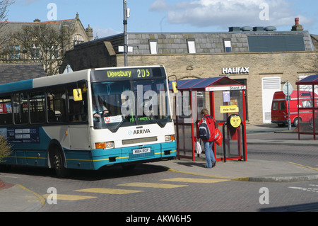 Arriva bus bound for Dewsbury waiting at a bus station in Pudsey North Yorkshire England Stock Photo