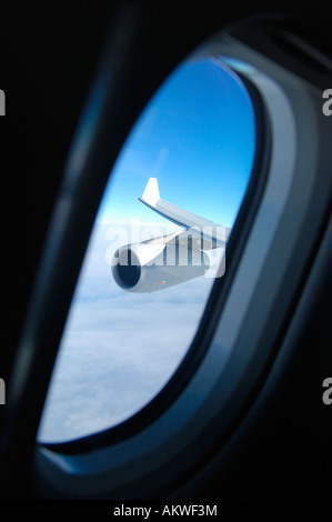 Cabin window view from First Class, in flight (Lufthansa German Airlines), Airbus A343 Stock Photo