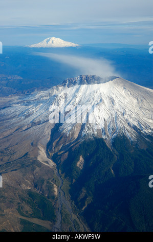 An aerial view of active Mount St. Helens towards Mt. Hood in late fall ...