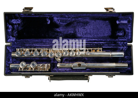 Flute in blue velvet case isolated on white Stock Photo