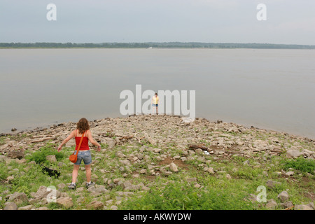 Confluence of the Mississippi and Ohio Rivers at Cairo Illinois barge Missouri kentucky river Stock Photo