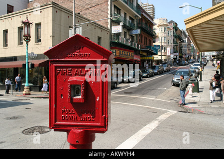 Red fire alarm in Chinatown, San Francisco, California, North America, USA Stock Photo