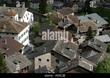 View over the roofs of old Splügen, distinguished with the Wakker price of the Swiss homeland protection organization 'Schweize Stock Photo