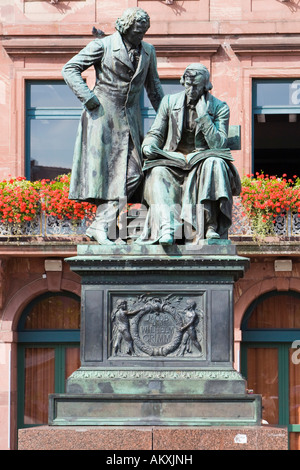 National monument of the Grimm Brothers in front of the Neustaedter town hall, Hanau, Hesse, Germany. Stock Photo