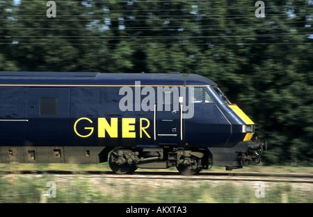 GNER Intercity 225 train at speed on East Coast Main Line, Cambridgeshire, England, UK
