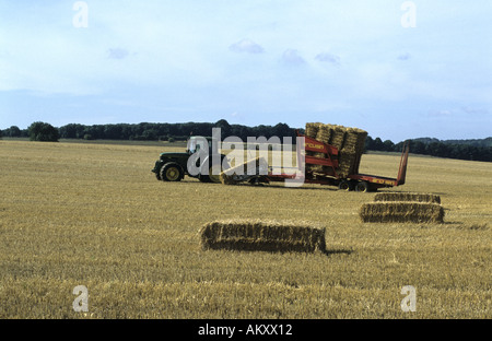 Straw bale collection on Cotswolds farm near Snowshill, Gloucestershire, England, UK Stock Photo