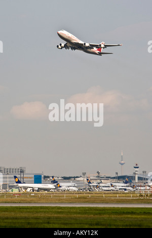 Boing 747 after take off, Startbahn 18 West, Airport Frankfurt, Hesse, Germany Stock Photo