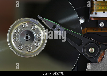 Harddisc, inside, platter, read-write head, actuator arm, closeup Stock Photo