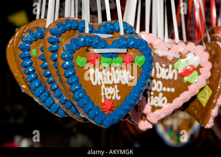 Hearts made of gingerbread on the Munich Oktoberfest Bavaria Germany Stock Photo