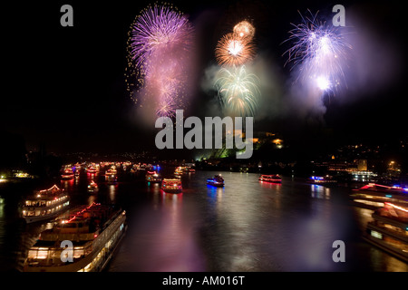 The longest ship parade in europe stops during the fireworks in front of the castle Ehrenbreitstein in Koblenz Rhineland-Palati Stock Photo