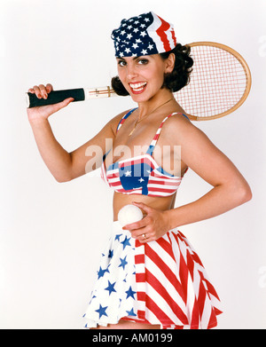 Girl in USA Tennis Outfit and a Tennis Raquet